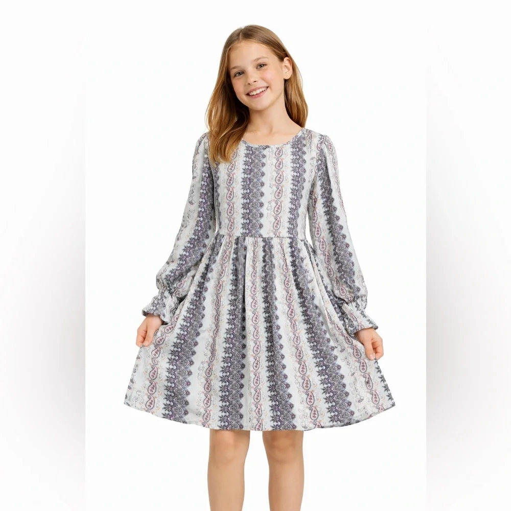 Art Class Gray and White Fit and Flare Dress with Bishop Sleeves
